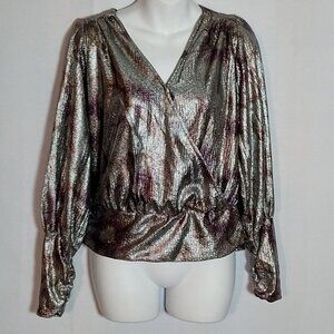 Maison d` Amelie Silver Pink Metallic Long Sleeve Blouse Cross Ovr Front Med New